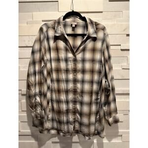 J. JILL Cotton Plaid Button Front Long Sleeve Top Blouse Brown Gray 3X Academia